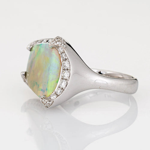 Bague 10.64ct Natural Opal Diamond Ring Estate 18k White Gold Sz 7 Fine Jewelry 58 Facettes G11987