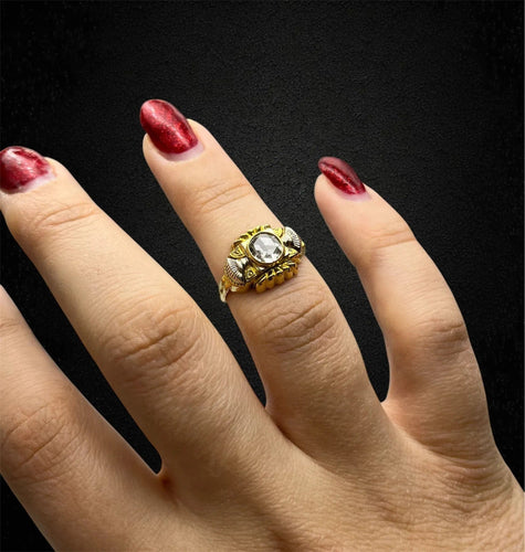 Bague 52 Bague Art Déco en or jaune et blanc, avec diamant couronne rose 58 Facettes