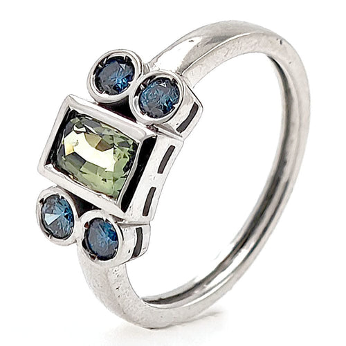 Bague 53 Bague en or avec saphir vert sans chaleur et diamants bleus 58 Facettes AO-0008
