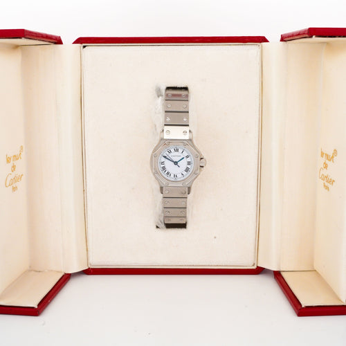 Montre Cartier - Montre Santos Octagone cadran ivoire chiffres romains en acier 58 Facettes
