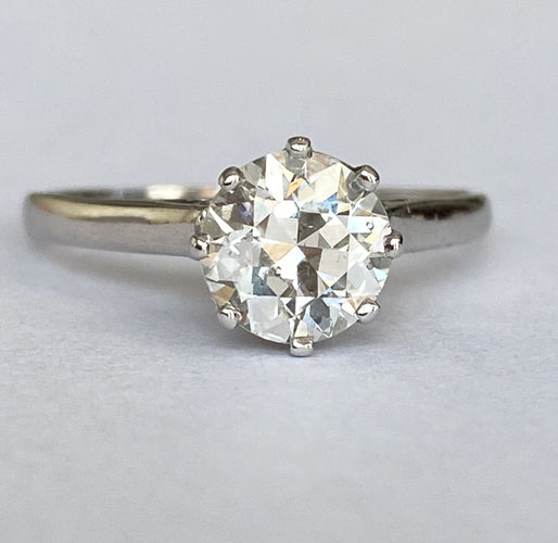 Bague 53.5 Solitaire en or, style Art déco tardif, serti d'un diamant taille brillant ancien de 1,14 carat. 58 Facettes