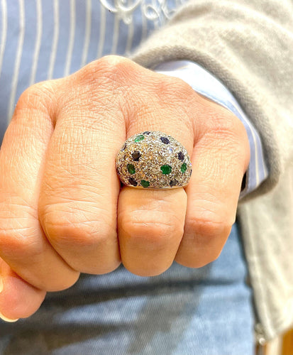 Bague 50 Bague et boucles d’oreilles en platine , diamants , saphirs , émeraudes 58 Facettes