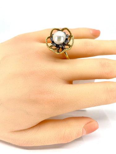 Bague 52 Bague or et argent perle fine et diamants 58 Facettes AB348