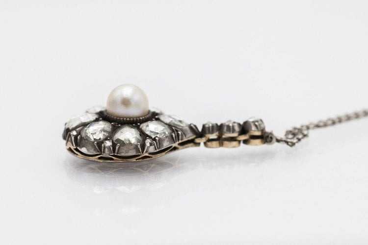 Collier Collier unique en or jaune et argent avec perle et diamants 2,10 ct, 1ère moitié du 19e siècle 58 Facettes 10914