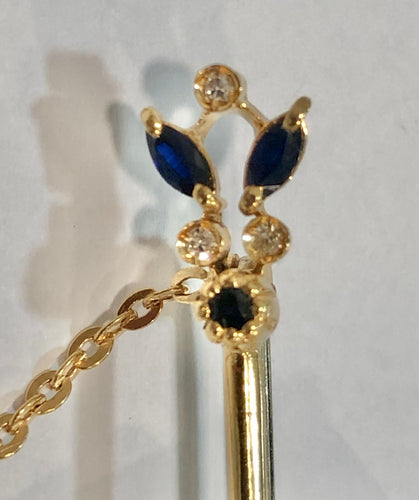 Zarif sarı altın, safir ve elmas broş iğnesi