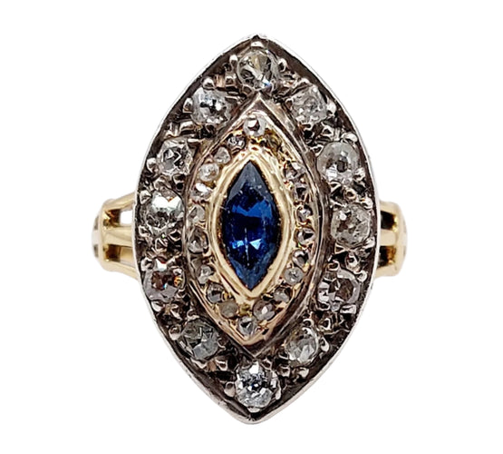 Bague 46.5 Bague marquise or rose et argent, saphir et diamants taille ancienne (circa 1900) 58 Facettes A03790
