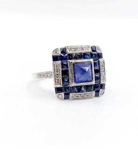 Bague Art Déco Platine, saphir pain de sucre et diamants, Branar Paris 58 Facettes A06224