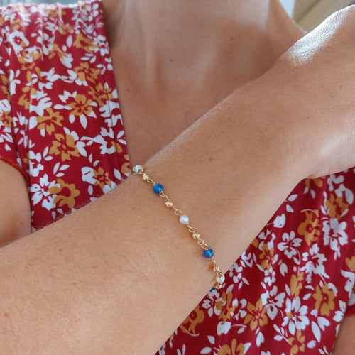 Bracelet Bracelet perles d'or "Circula" or jaune, perles de culture & calcédoine bleue 58 Facettes 223