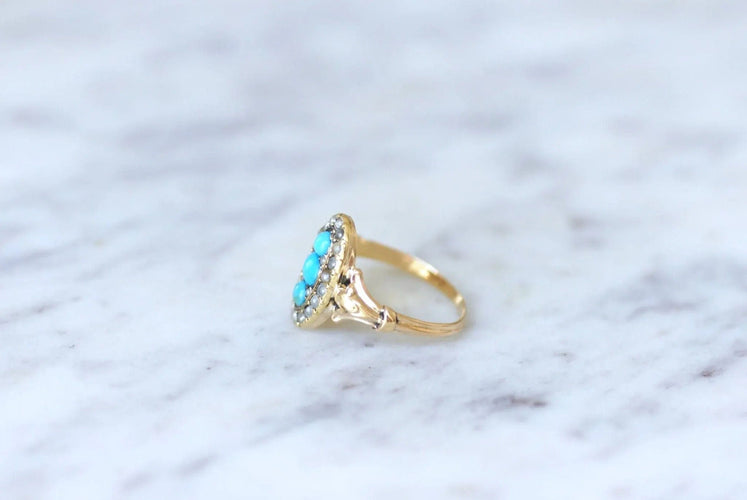 Turquoise and pearl marquise ring