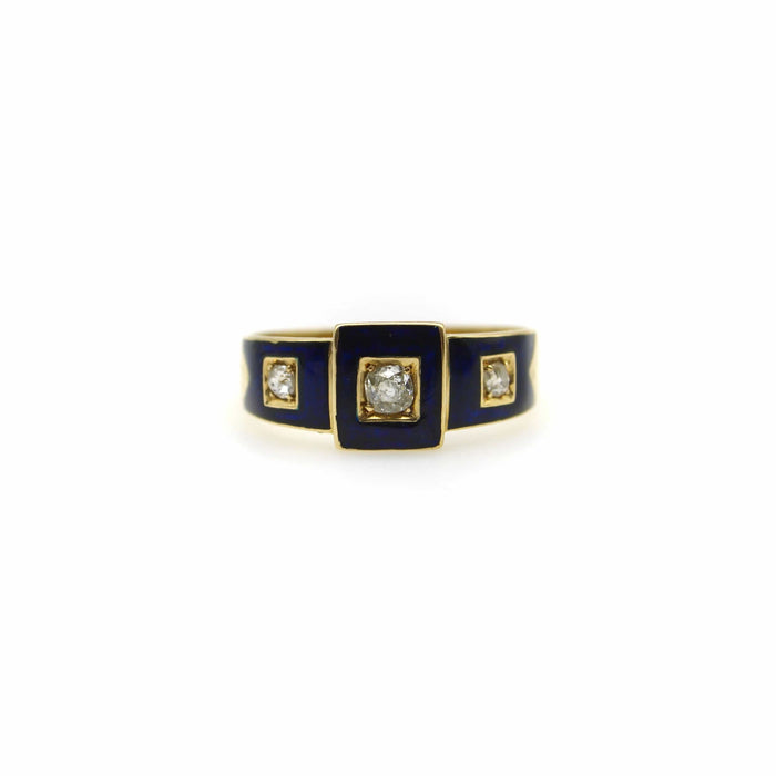 Bague 18K Gold Early Victorian Diamond Trilogy Ring with Blue Enamel Details 58 Facettes