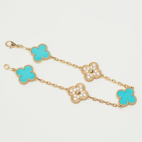 Bracelet Van Cleef & Arpels - EXTRA RARE Bracelet Vintage Alhambra 5 motifs turquoise et diamants 58 Facettes