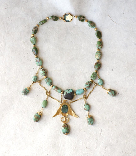 Collier Collier Ancien Néo Egyptien Or Jaune et Turquoises 58 Facettes