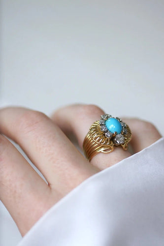 Bague 52.5 Bague Cocktail Turquoise et Diamants Or jaune 58 Facettes
