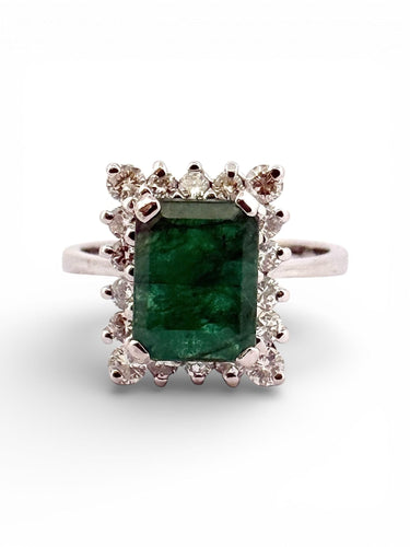 Bague 55 Bague en or blanc 18 carats diamants et émeraude 58 Facettes