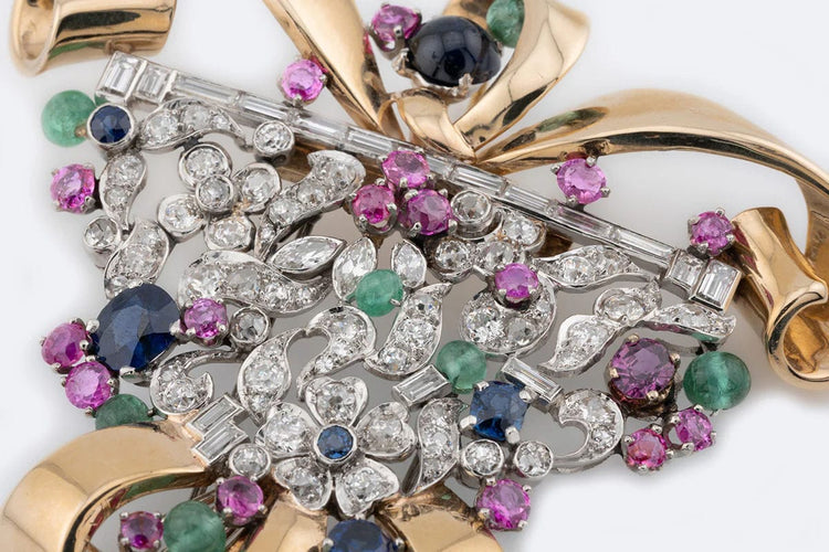 Broche Oro Giallo Broche cocktail vintage en or jaune ornée de diamants, rubis, saphirs et émeraudes 58 Facettes spl87