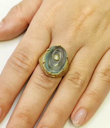 Bague 60 Bague style Trombino années 1980 en or jaune et aigue-marine 58 Facettes