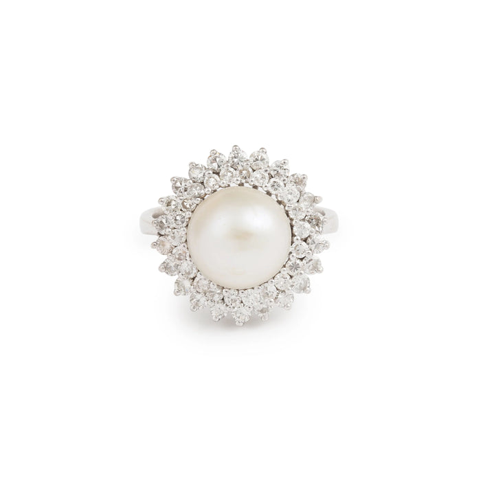 Ring Daisy white gold, 10mm pearl, diamonds