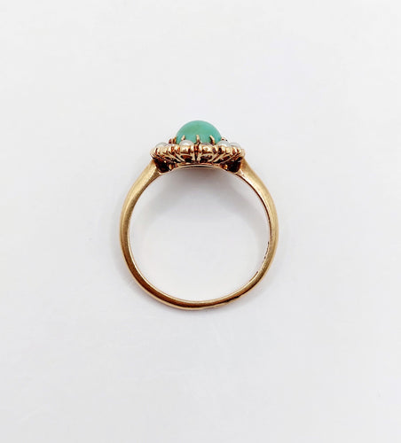 Bague 52.5 Bague marguerite or jaune, cabochon de turquoise, diamants et perles (circa 1900) 58 Facettes A05219