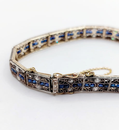 Bracelet Bracelet Art déco en or 14k et argent, diamants et saphirs calibrés 58 Facettes A06568