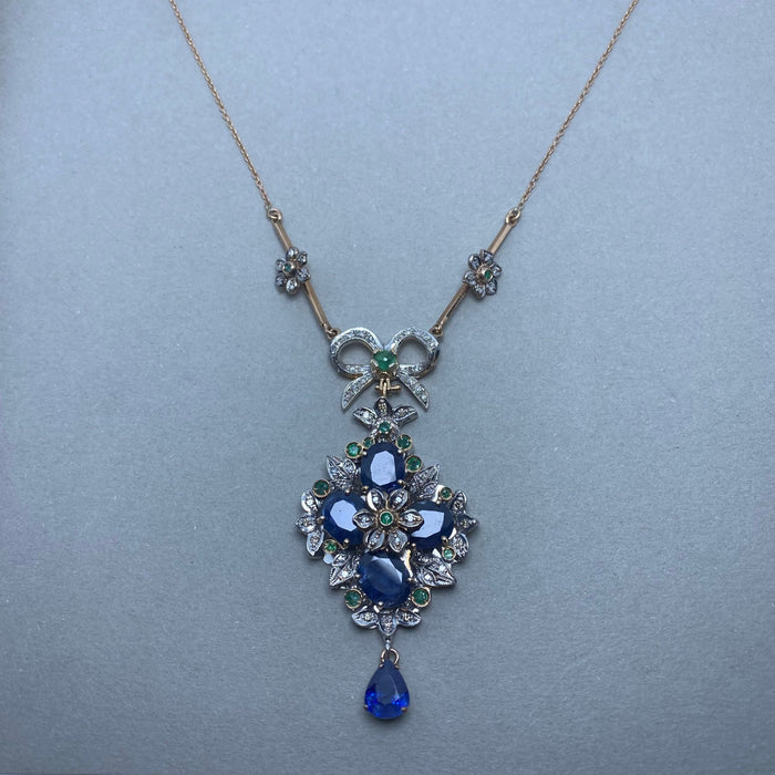 Yellow gold necklace silver diamonds sapphires emeralds