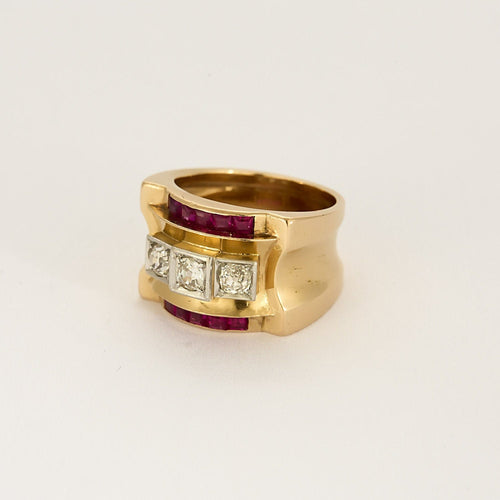 Bague 56 Bague Tank en or jaune, platine, diamants et rubis de synthèse 58 Facettes PER1647