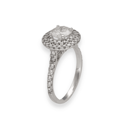 Bague 50 Solitaire Or Gris 18K – Diamant Central 0,82 ct E-VVS2 & Halo 0,50 ct – Certificat HRD 58 Facettes FB10625