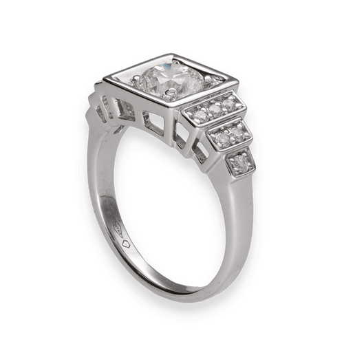 Bague 52 Solitaire style Art Deco en or gris 18K avec diamant 1,00 ct H-IF HRD et pavage - Taille 52 58 Facettes FB09264-FB09217