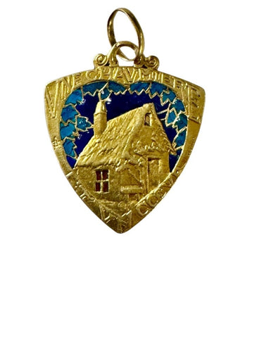 Pendentif Médaille d'Amour- une Chaumière et un Coeur, or et émail 58 Facettes