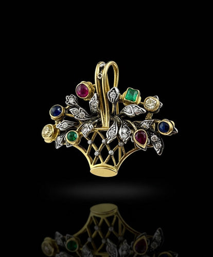 Spilla-Ciondolo a Bouquet con Diamanti e Pietre Preziose 58 Facettes