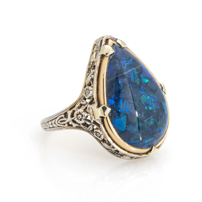 Ring Art Deco Black Opal 1920s Vintage White Gold