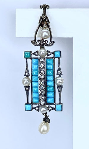 Boucles d'oreilles Boucles d’oreilles or jaune et argent, turquoises, diamants, perles fines, vers 1880 58 Facettes AB543