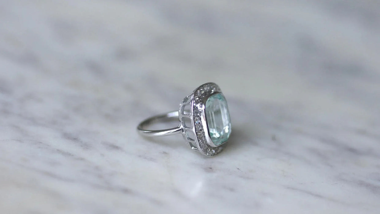 Ring Art Deco white gold, platinum, aquamarine, diamonds