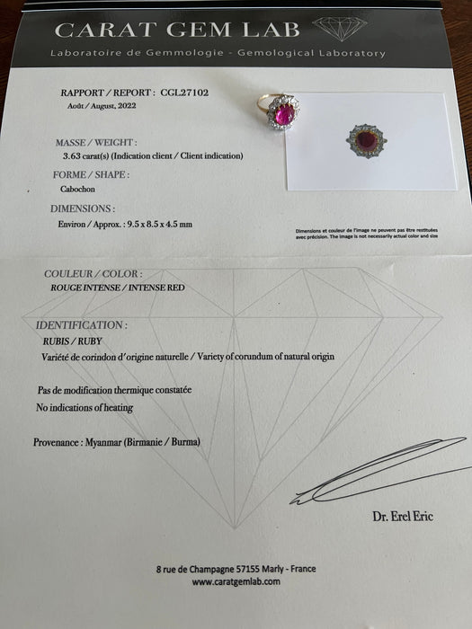 Unheated Burmese Ruby Ring 3.63 Carats Diamonds platinum yellow gold (Certificate)