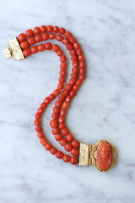 Antique yellow gold and coral bracelet, cameo