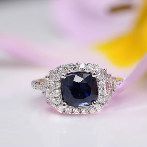 Bague 53 Bague saphir de Ceylan coussin et diamants 58 Facettes 24-152