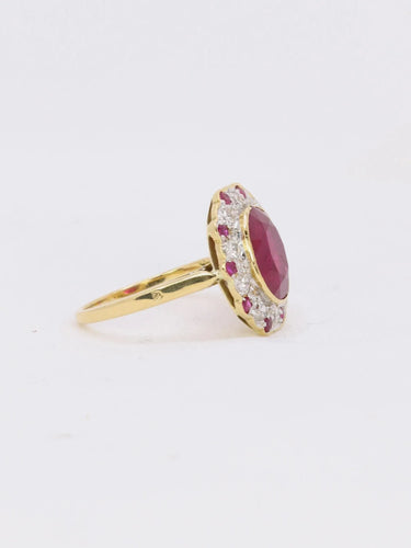Bague 51 Bague marguerite vintage or jaune diamants rubis ovale 2,2 ct 58 Facettes J381