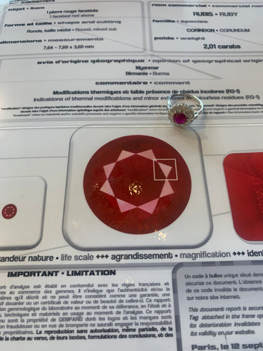 Bague 57 Bague marguerite rubis birman 2 Carats diamants platine or blanc (Certificat) 58 Facettes BRU55