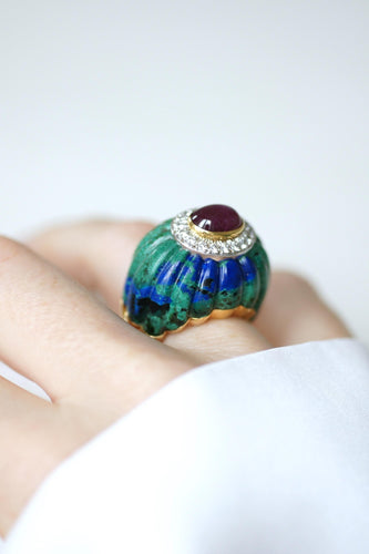 Bague 53 David Webb - Bague Boule Azurmalachite, Rubis, et Diamants en Or Jaune 58 Facettes
