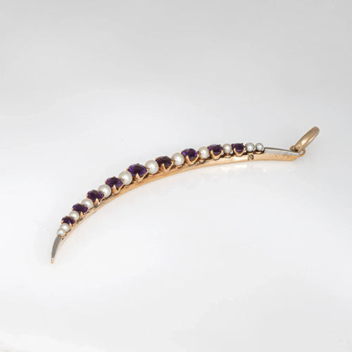 Pendentif Pendentif antique victorien en forme de croissant de lune en améthyste et perle en or 14 carats céleste 58 Facettes G13743