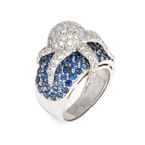 Bague Bague pieuvre en or blanc 18 carats, diamants et saphirs, taille 7,5, bijou ancien de l'océan 58 Facettes G13744