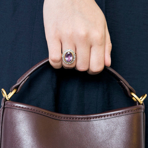 Bague 49,5 Bague pompadour en or jaune, blanc, améthyste et diamants 58 Facettes CAS0213