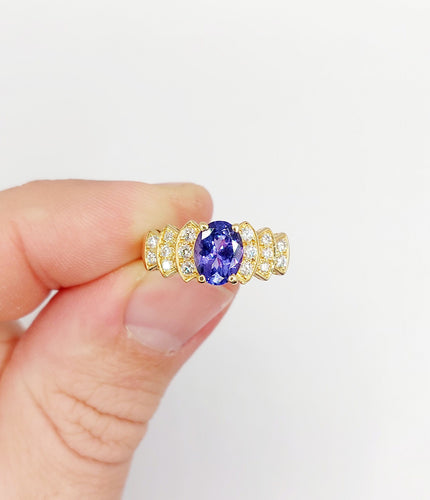 Bague 52 Bague jonc vintage en or 18k tanzanite 1,10 ct et diamants 58 Facettes B01020