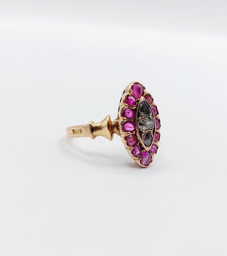 Bague 49 Bague marquise antique en or rose 18k et diamants taille rose rubis 58 Facettes A06448