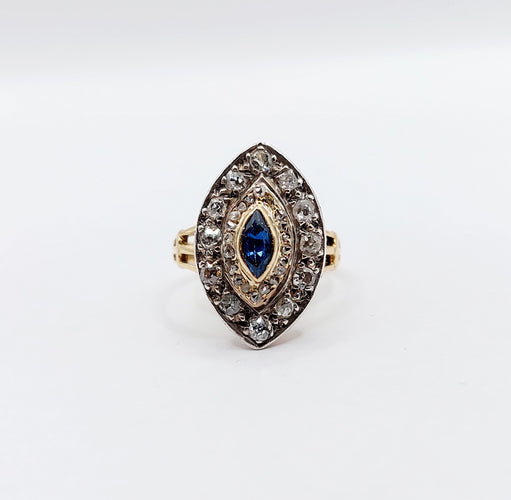 Bague 46.5 Bague marquise or rose et argent, saphir et diamants taille ancienne (circa 1900) 58 Facettes A03790