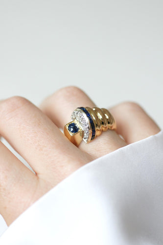 Bague Bague Tank asymétrique or, diamants et saphirs 58 Facettes