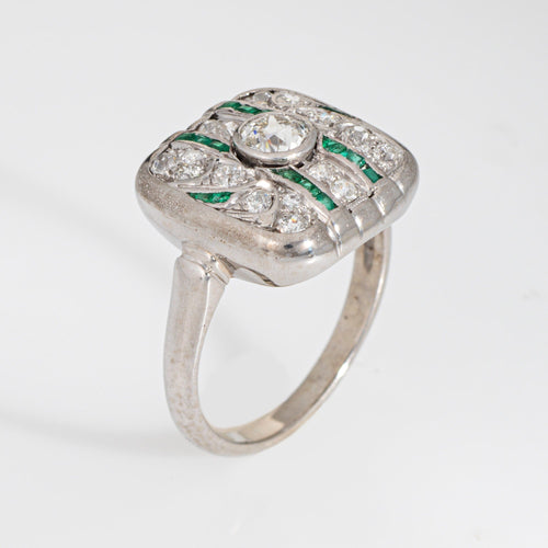 Vintage hvitt gull Art Deco Diamond Emerald Ring