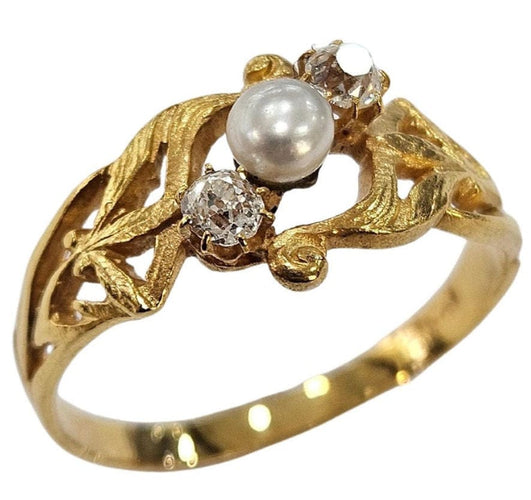 Bague Bague Art Nouveau diamants old mine et perle de culture en or jaune 18k 58 Facettes A834