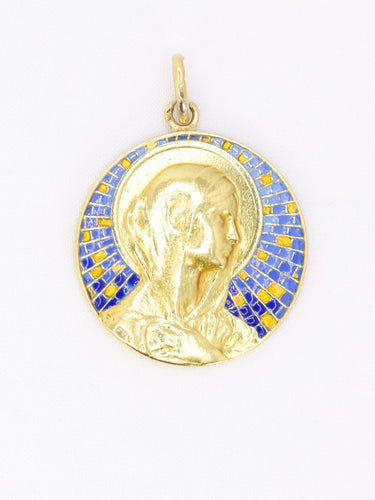 Pendentif VERNON Médaille Art nouveau Vierge or jaune émail 58 Facettes 1153.10