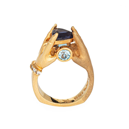 Tanzanite Topaz Hands Ring Estate 14k Yellow Gold Sz 6.5 Fine Mystical Jewelry 58 Facettes G13866
