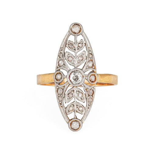 Bague 55 Bague Navette Antique Edwardienne Diamant Couronne Or 18 carats Platine 58 Facettes G13872